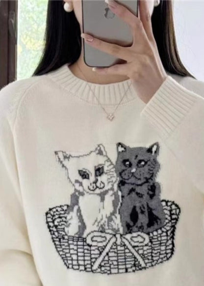 New White O Neck Animal Cozy Knit Sweaters Fall Qc028