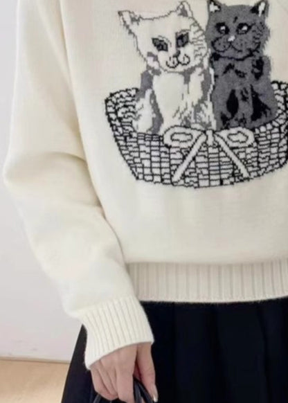 New White O Neck Animal Cozy Knit Sweaters Fall Qc028