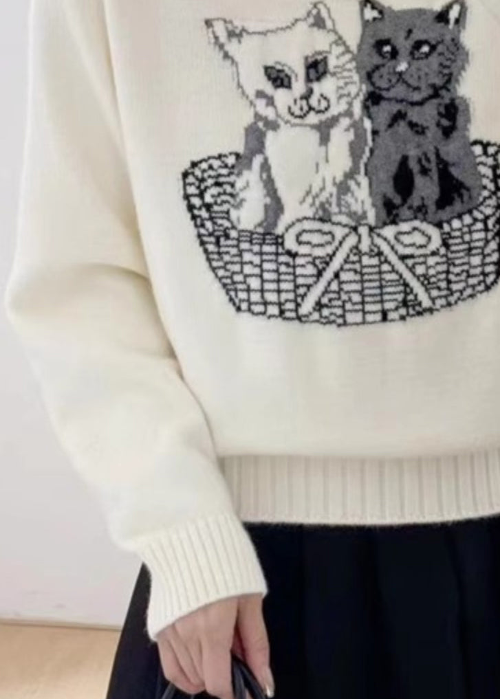 New White O Neck Animal Cozy Knit Sweaters Fall Qc028