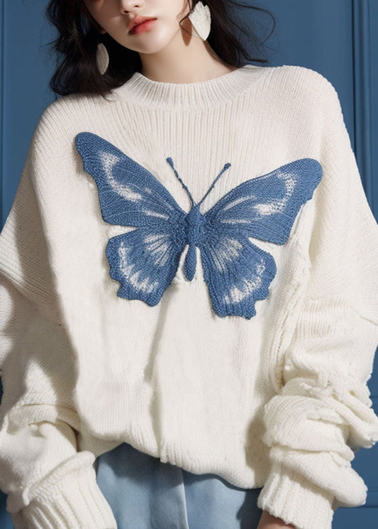 New White O Neck Butterfly Cozy Knit Sweater Fall Qs025