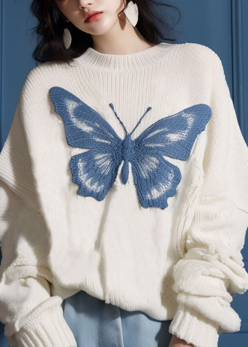 New White O Neck Butterfly Cozy Knit Sweater Fall Qs025