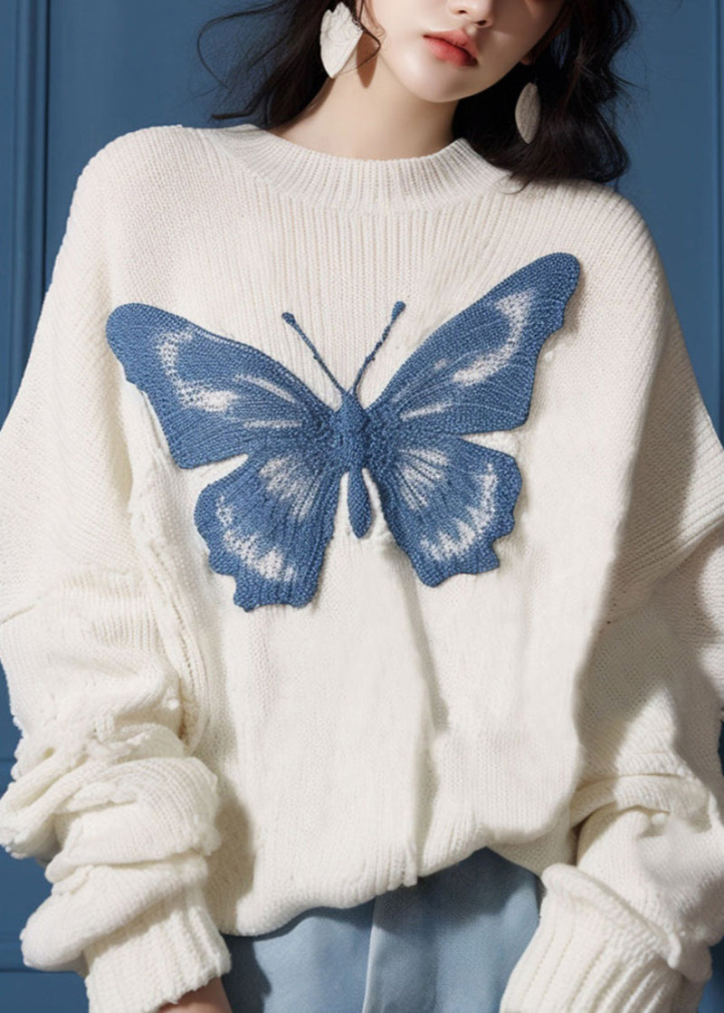New White O Neck Butterfly Cozy Knit Sweater Fall Qs025