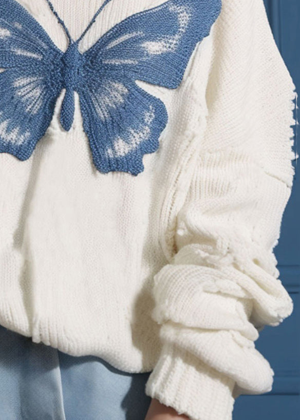 New White O Neck Butterfly Cozy Knit Sweater Fall Qs025