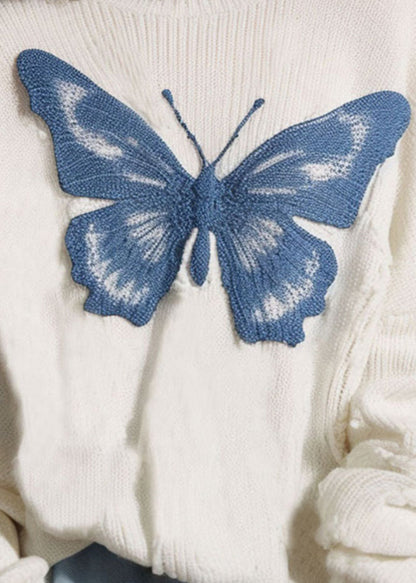 New White O Neck Butterfly Cozy Knit Sweater Fall Qs025