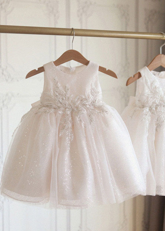 New White O-neck Patchwork Tulle Kids Holiday Maxi Dress Summer Ys017