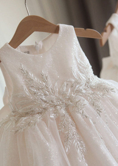 New White O-neck Patchwork Tulle Kids Holiday Maxi Dress Summer Ys017