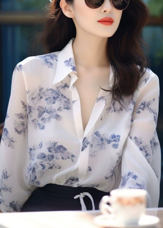 New White Peter Pan Collar Print Chiffon Blouses Long Sleeve Kj015