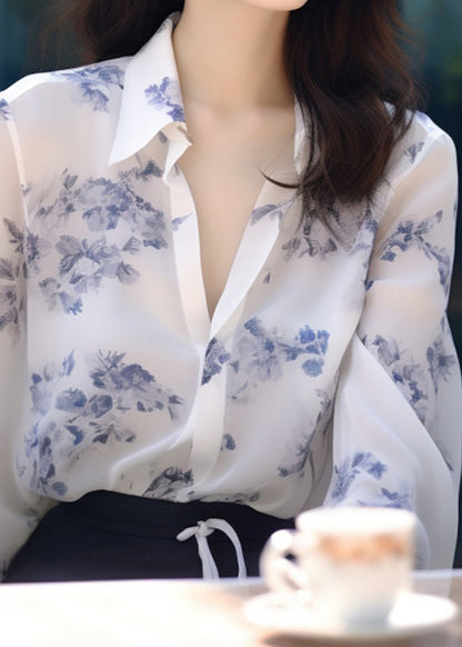 New White Peter Pan Collar Print Chiffon Blouses Long Sleeve Kj015