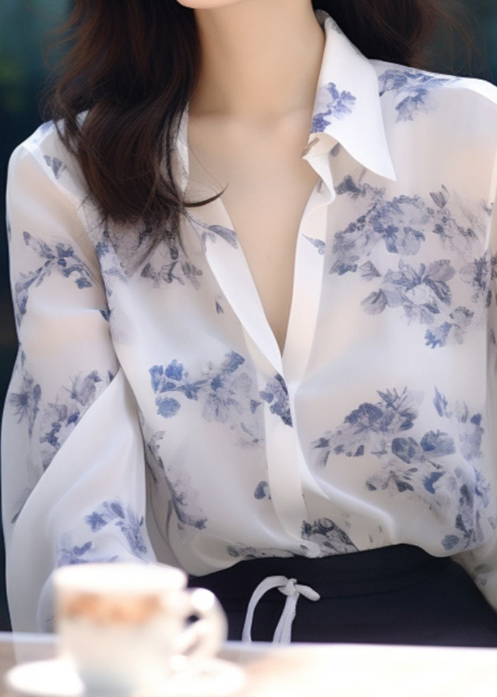 New White Peter Pan Collar Print Chiffon Blouses Long Sleeve Kj015