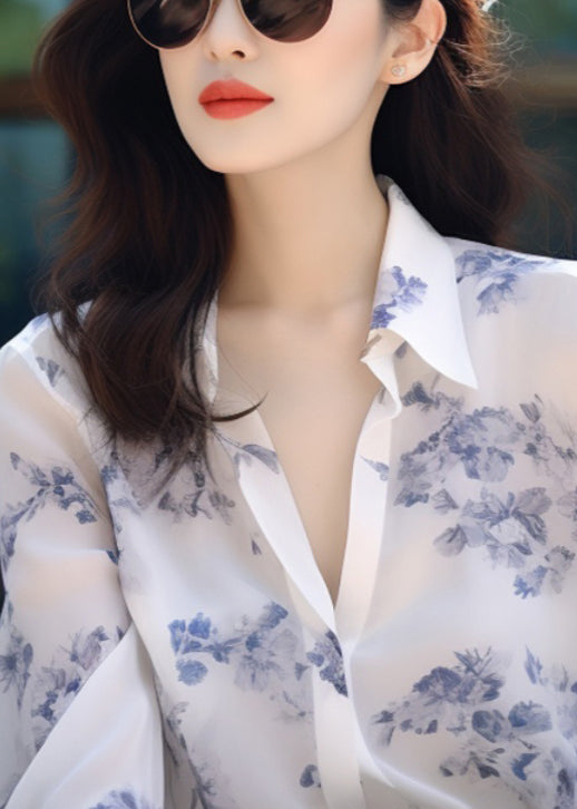 New White Peter Pan Collar Print Chiffon Blouses Long Sleeve Kj015