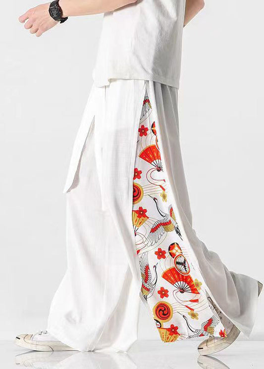New White Pockets Print Patchwork Cotton Wide Leg Pants Summer Sa040