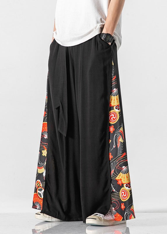 New White Pockets Print Patchwork Cotton Wide Leg Pants Summer Sa040