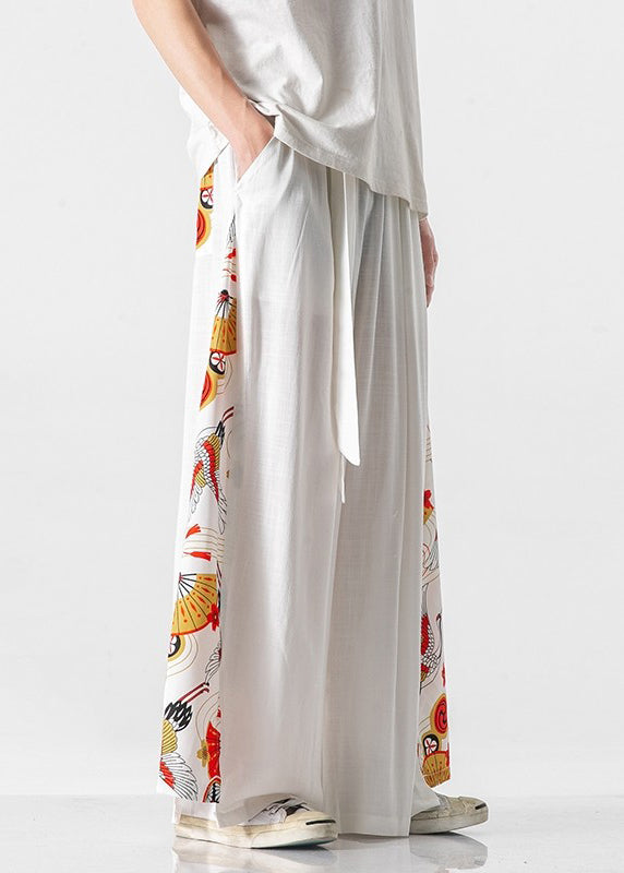 New White Pockets Print Patchwork Cotton Wide Leg Pants Summer Sa040