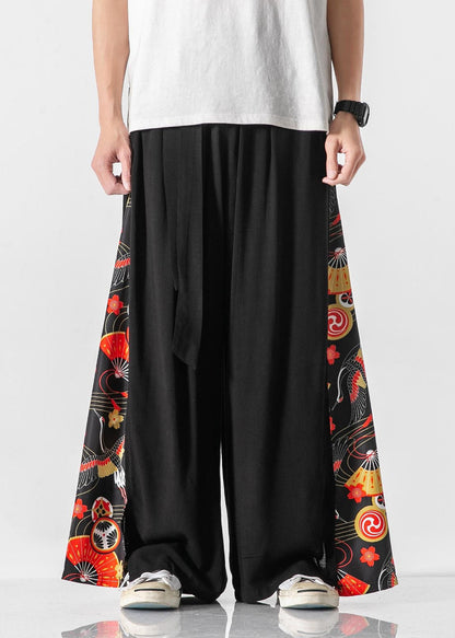 New White Pockets Print Patchwork Cotton Wide Leg Pants Summer Sa040
