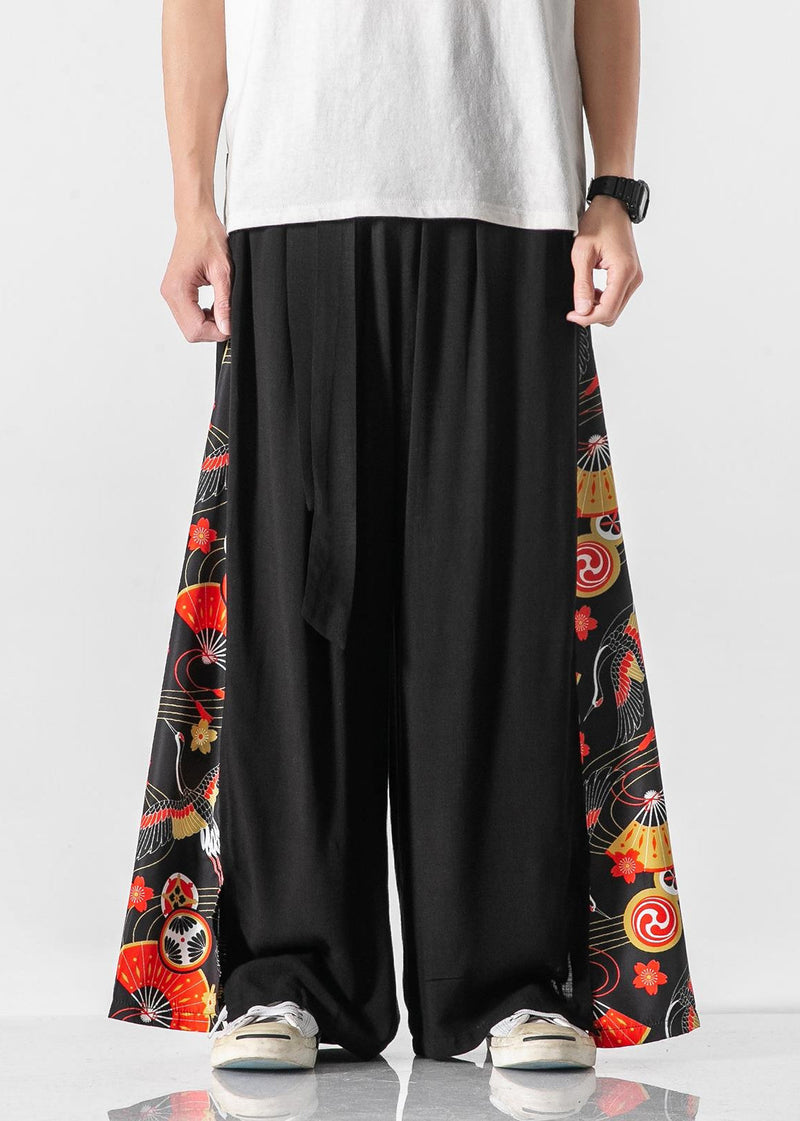 New White Pockets Print Patchwork Cotton Wide Leg Pants Summer Sa040