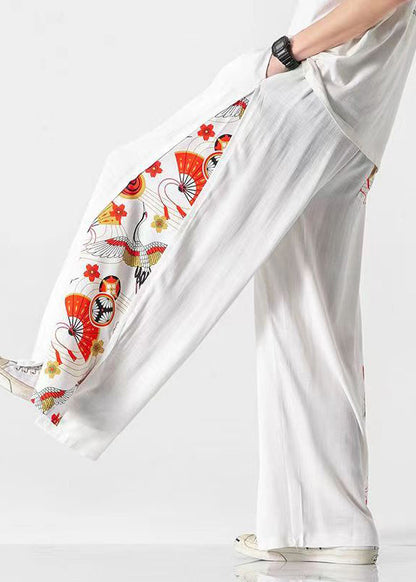 New White Pockets Print Patchwork Cotton Wide Leg Pants Summer Sa040