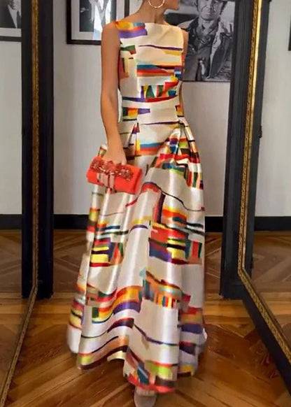 New White Print High Waist Silk Long Dress Sleeveless Ww1040