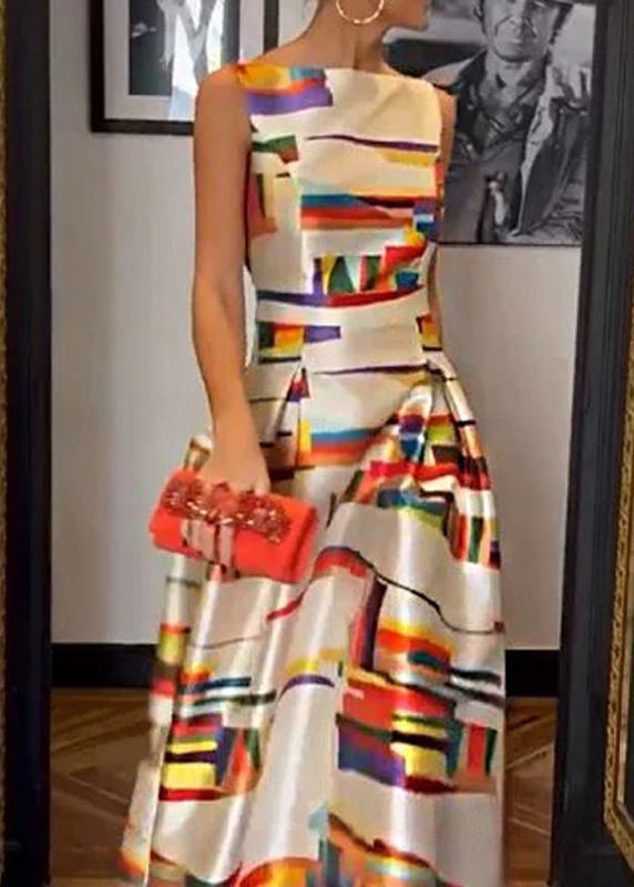 New White Print High Waist Silk Long Dress Sleeveless Ww1040