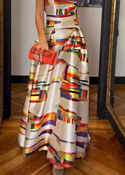 New White Print High Waist Silk Long Dress Sleeveless Ww1040