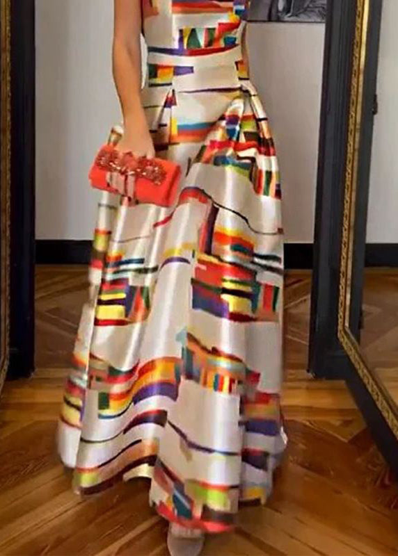 New White Print High Waist Silk Long Dress Sleeveless Ww1040