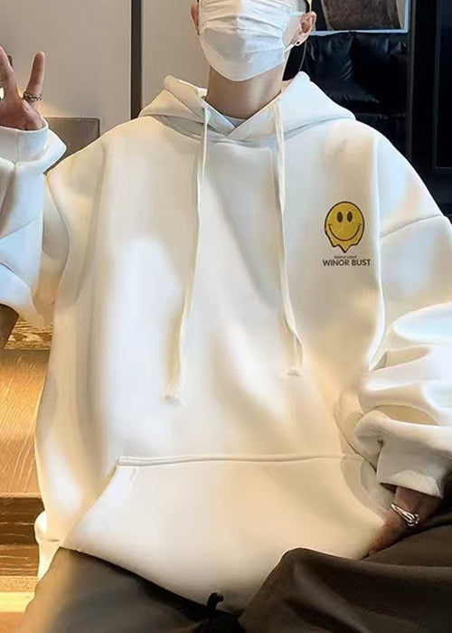 New White Print Pockets Warm Fleece Sweatshirt Winter Rp052