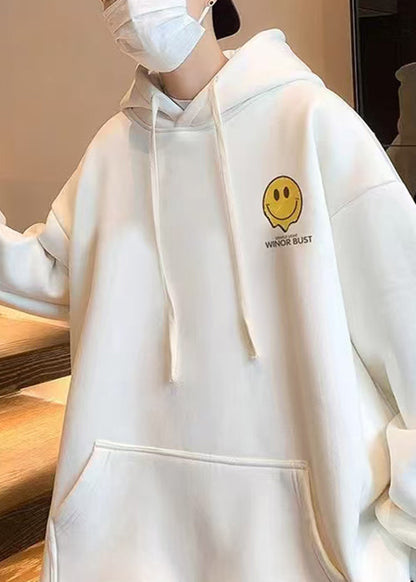 New White Print Pockets Warm Fleece Sweatshirt Winter Rp052