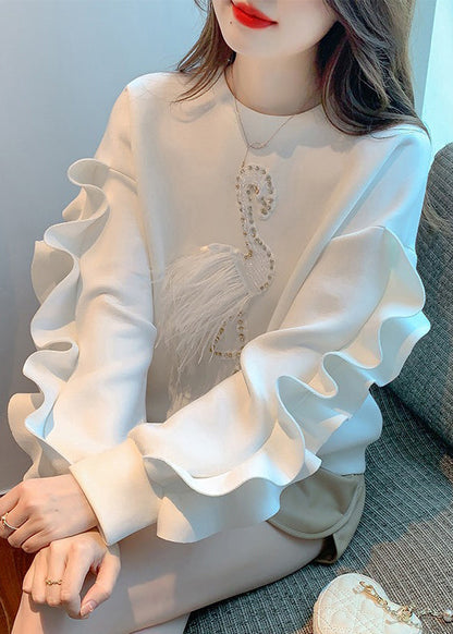 New White Ruffled Patchwork Cotton Sweatshirt Fall Wm013