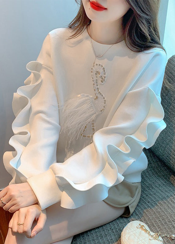 New White Ruffled Patchwork Cotton Sweatshirt Fall Wm013
