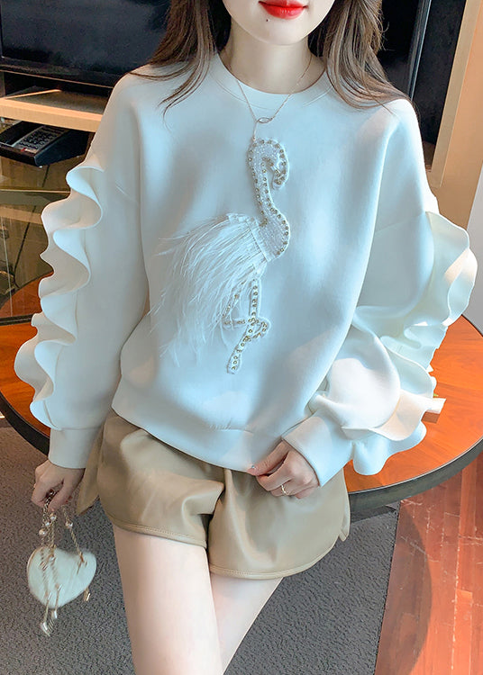 New White Ruffled Patchwork Cotton Sweatshirt Fall Wm013