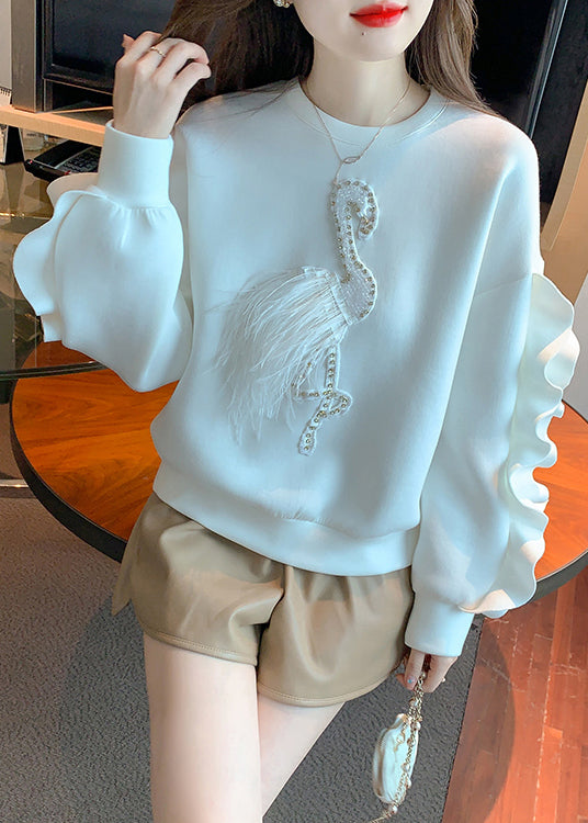 New White Ruffled Patchwork Cotton Sweatshirt Fall Wm013
