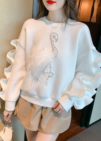 New White Ruffled Patchwork Cotton Sweatshirt Fall Wm013
