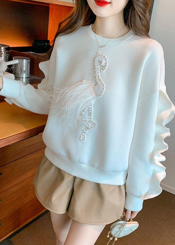 New White Ruffled Patchwork Cotton Sweatshirt Fall Wm013