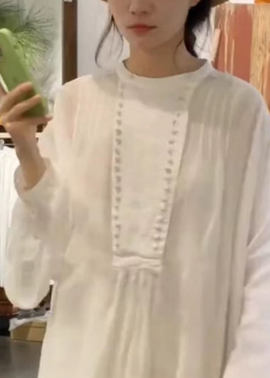 New White O-neck Cotton Long Dress Spring As1003