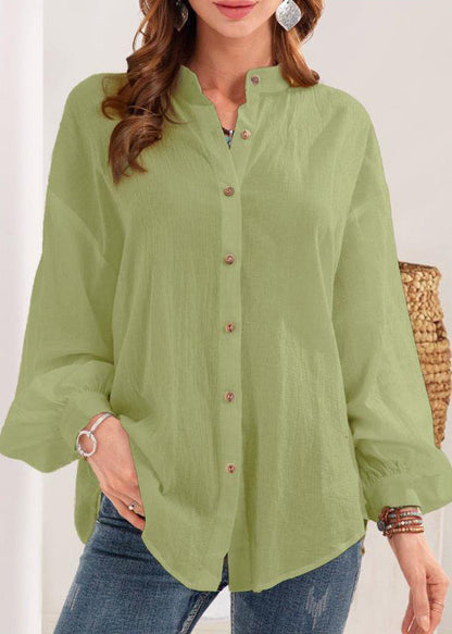 New White Stand Collar Button Cotton Blouses Long Sleeve Ff050