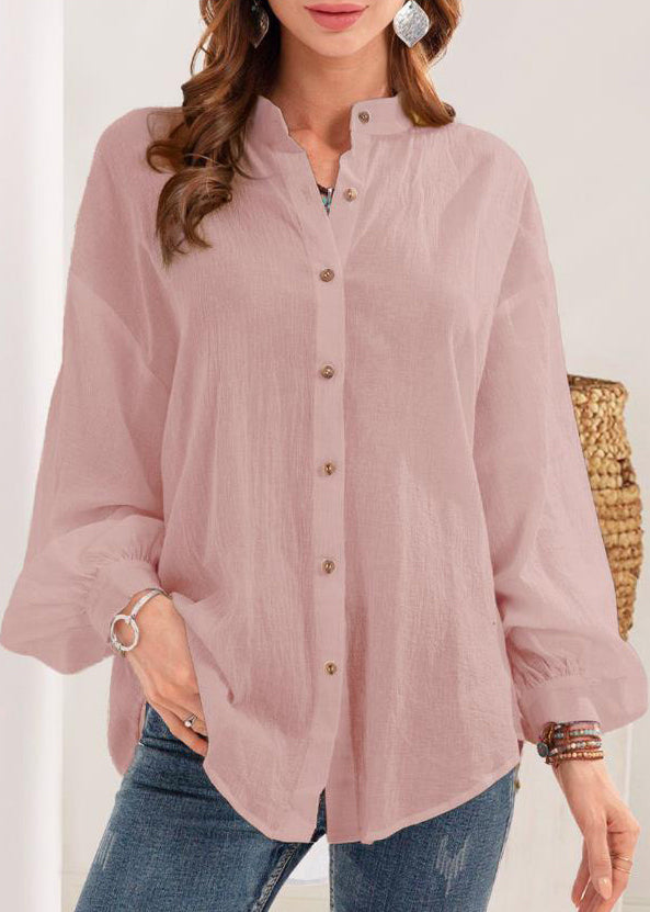New White Stand Collar Button Cotton Blouses Long Sleeve Ff050