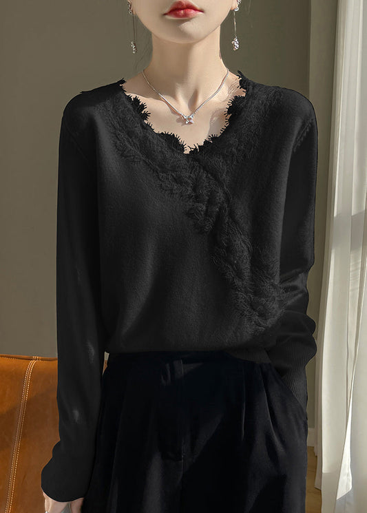 New White V Neck Lace Patchwork Knit Sweater Spring To042