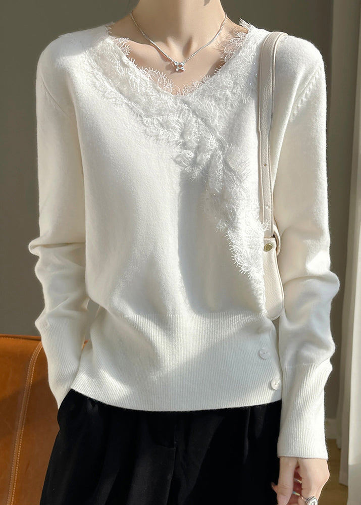 New White V Neck Lace Patchwork Knit Sweater Spring To042