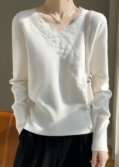 New White V Neck Lace Patchwork Knit Sweater Spring To042