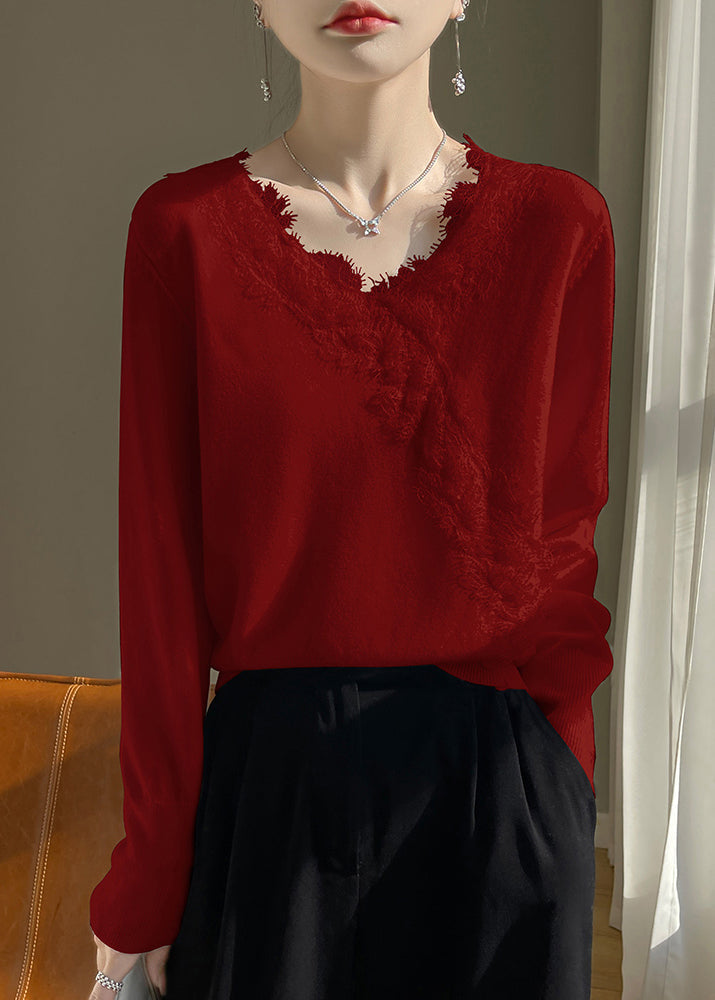 New White V Neck Lace Patchwork Knit Sweater Spring To042