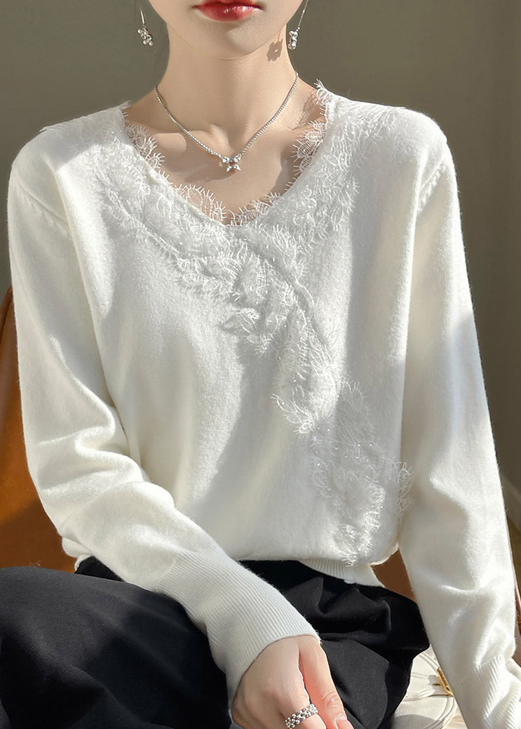 New White V Neck Lace Patchwork Knit Sweater Spring To042