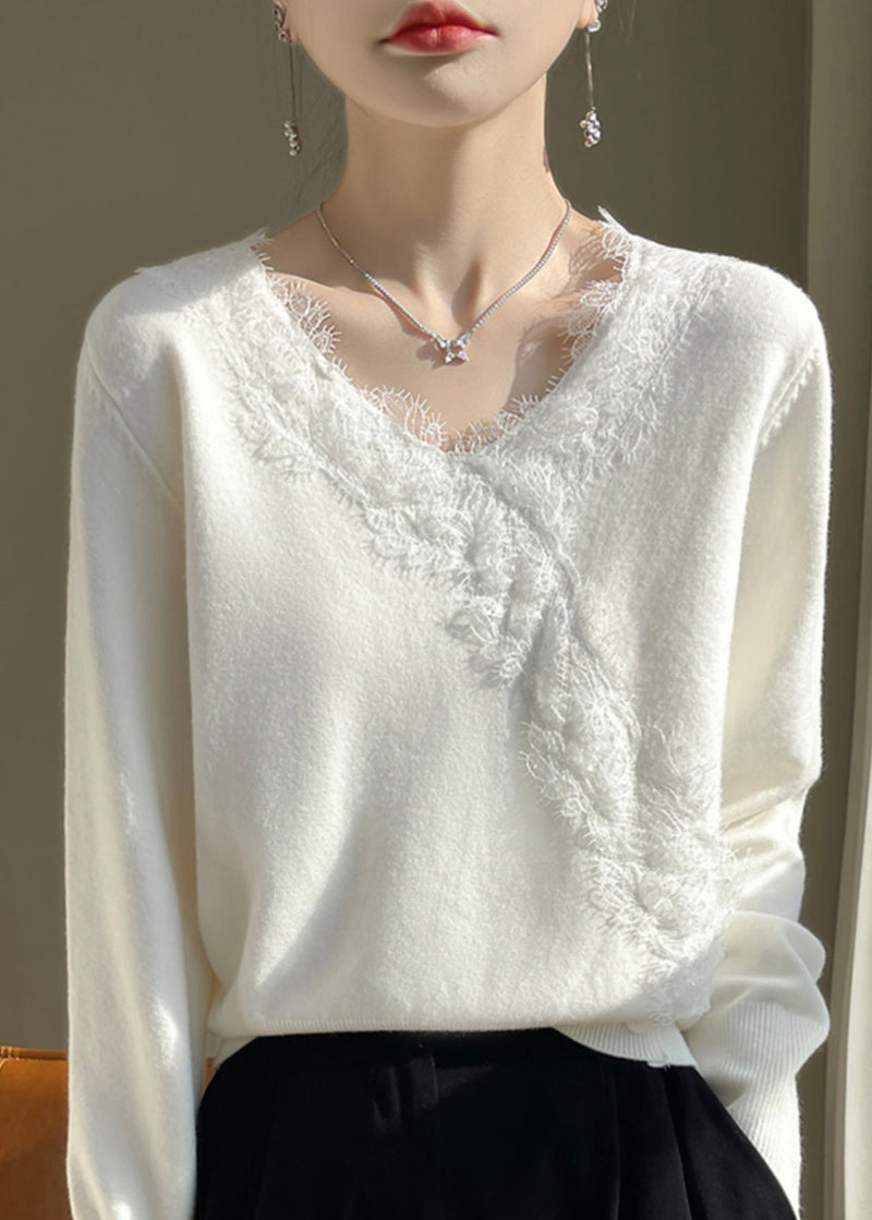 New White V Neck Lace Patchwork Knit Sweater Spring To042