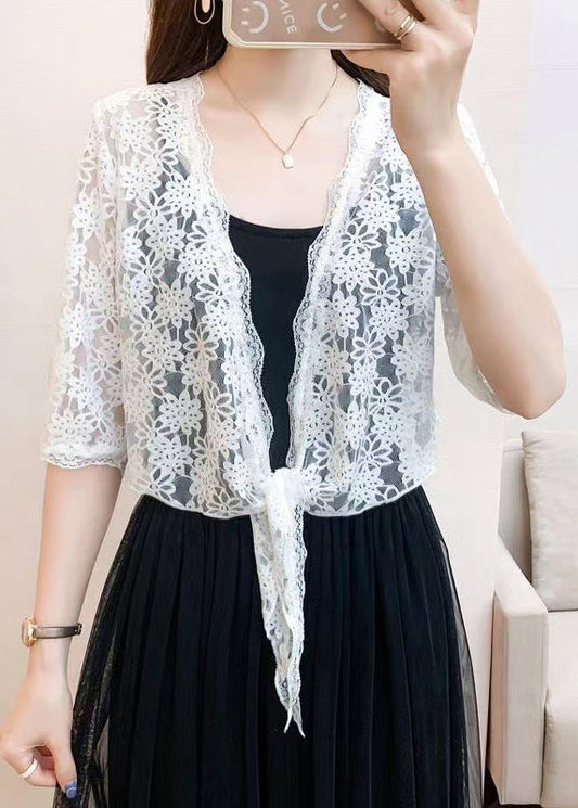 New White V Neck Lace Up Lace Cardigan Half Sleeve As1028