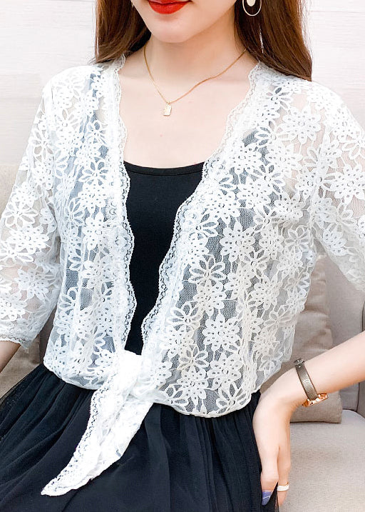 New White V Neck Lace Up Lace Cardigan Half Sleeve As1028