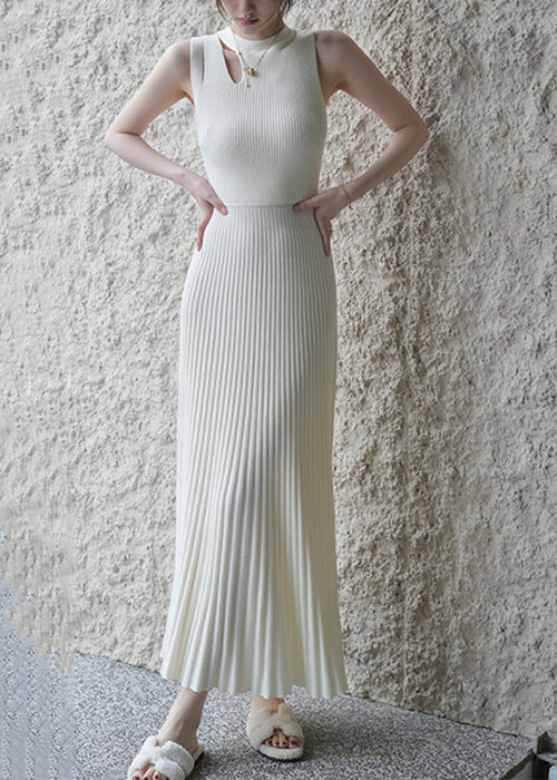 New White Wrinkled Hollow Out Knit Long Dress Sleeveless Xx091