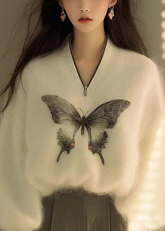 New White Zip Up Butterfly Print Knit Sweater Winter Wx009