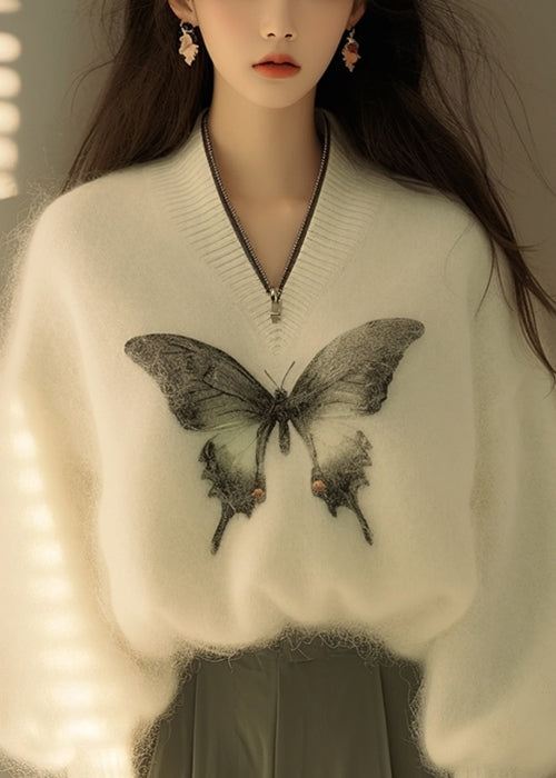 New White Zip Up Butterfly Print Knit Sweater Winter Wx009