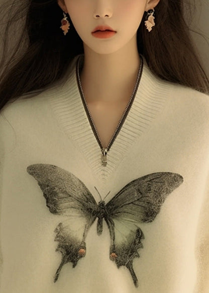 New White Zip Up Butterfly Print Knit Sweater Winter Wx009