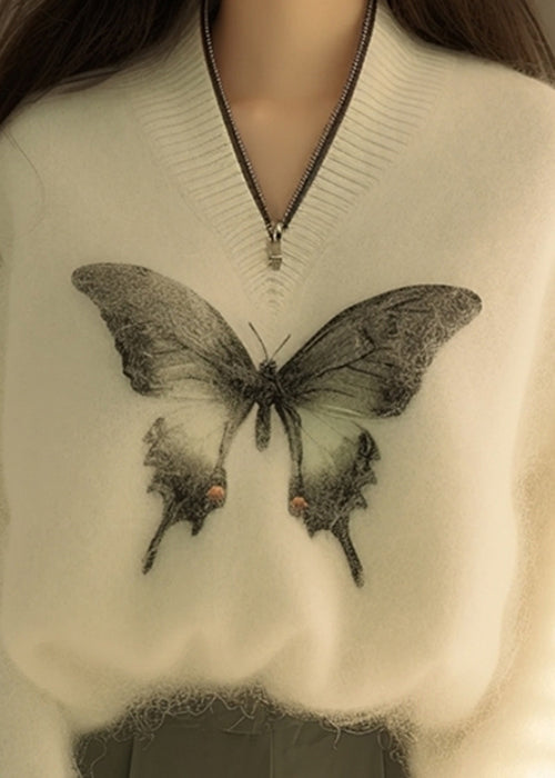 New White Zip Up Butterfly Print Knit Sweater Winter Wx009