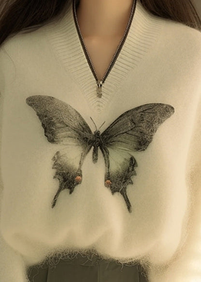 New White Zip Up Butterfly Print Knit Sweater Winter Wx009
