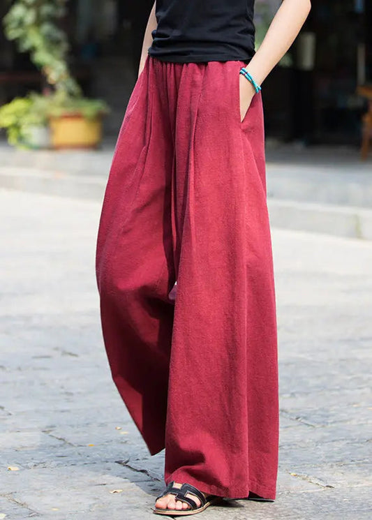 New Wine Red Pockets Elastic Waist Linen Pants Summer Cg1055